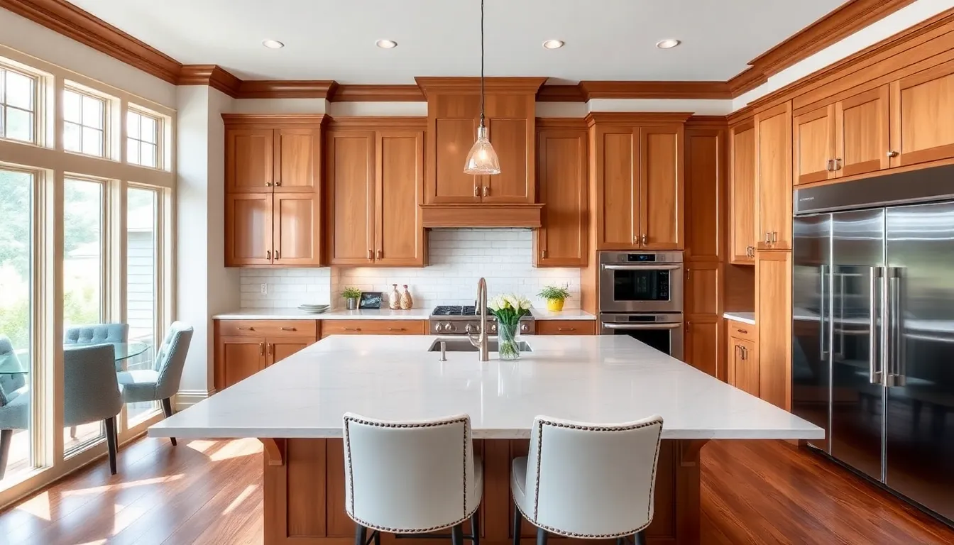 elegant transitional kitchen combining modern and traditional design elements.
