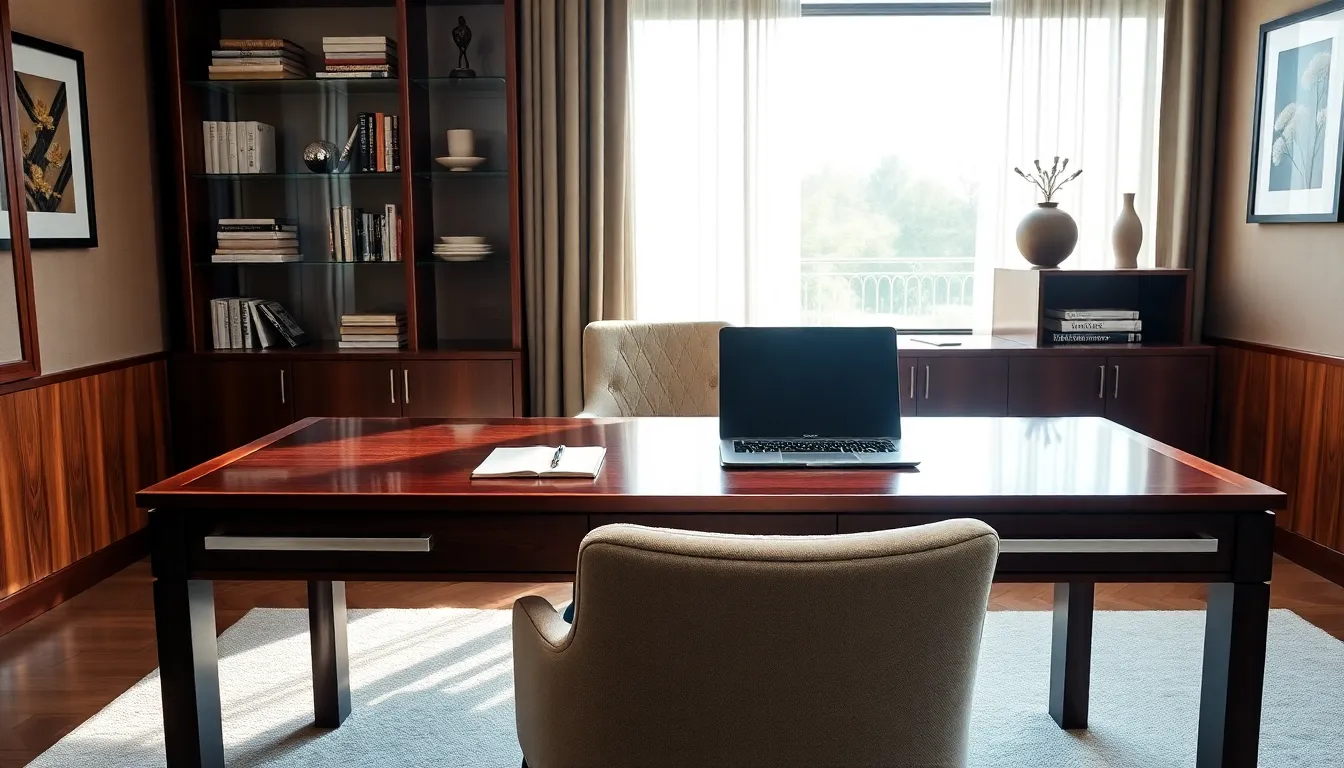 elegant executive home office desk with laptop and stylish decor.