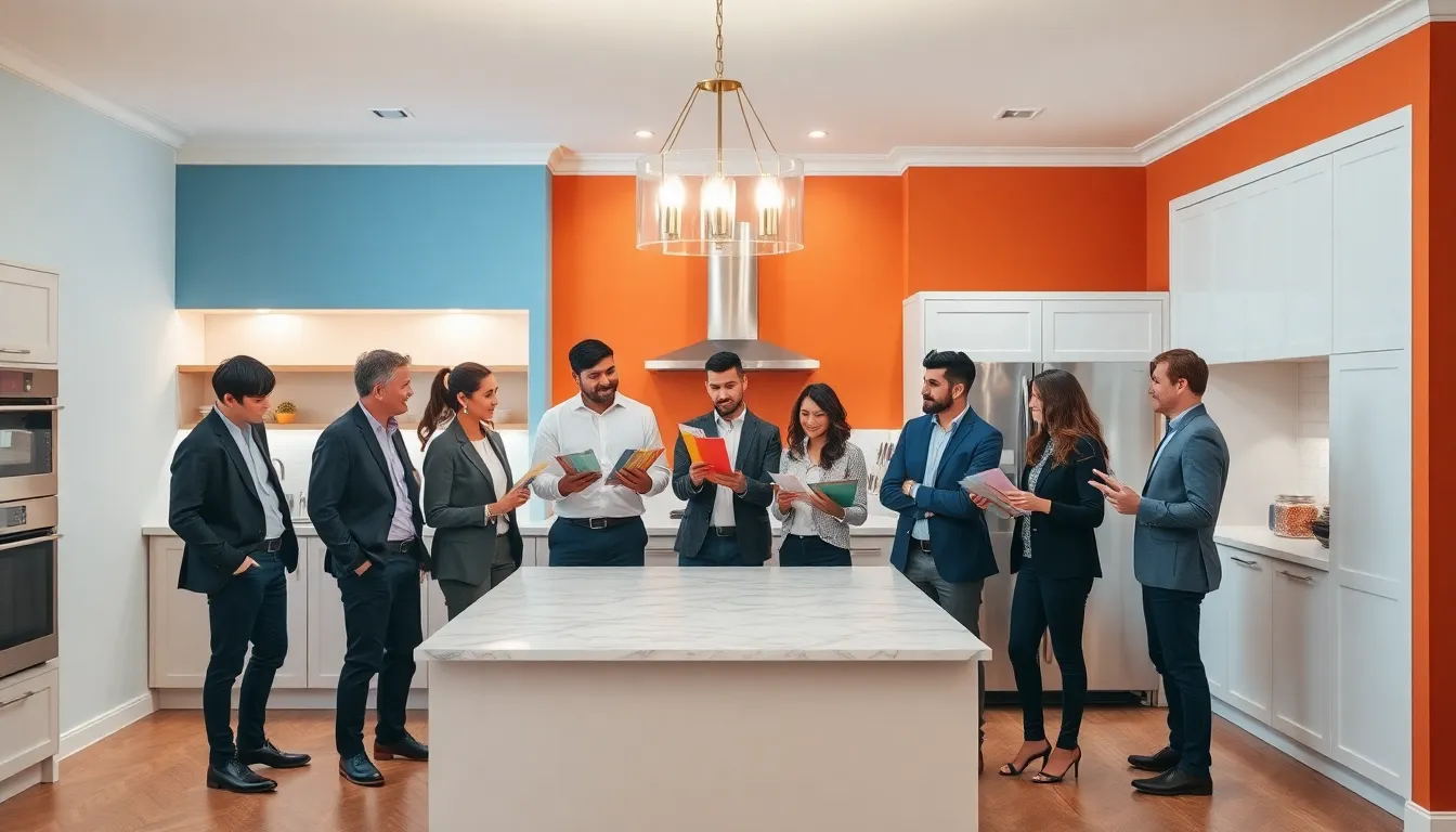 diverse people discussing kitchen paint colors in a modern setting.