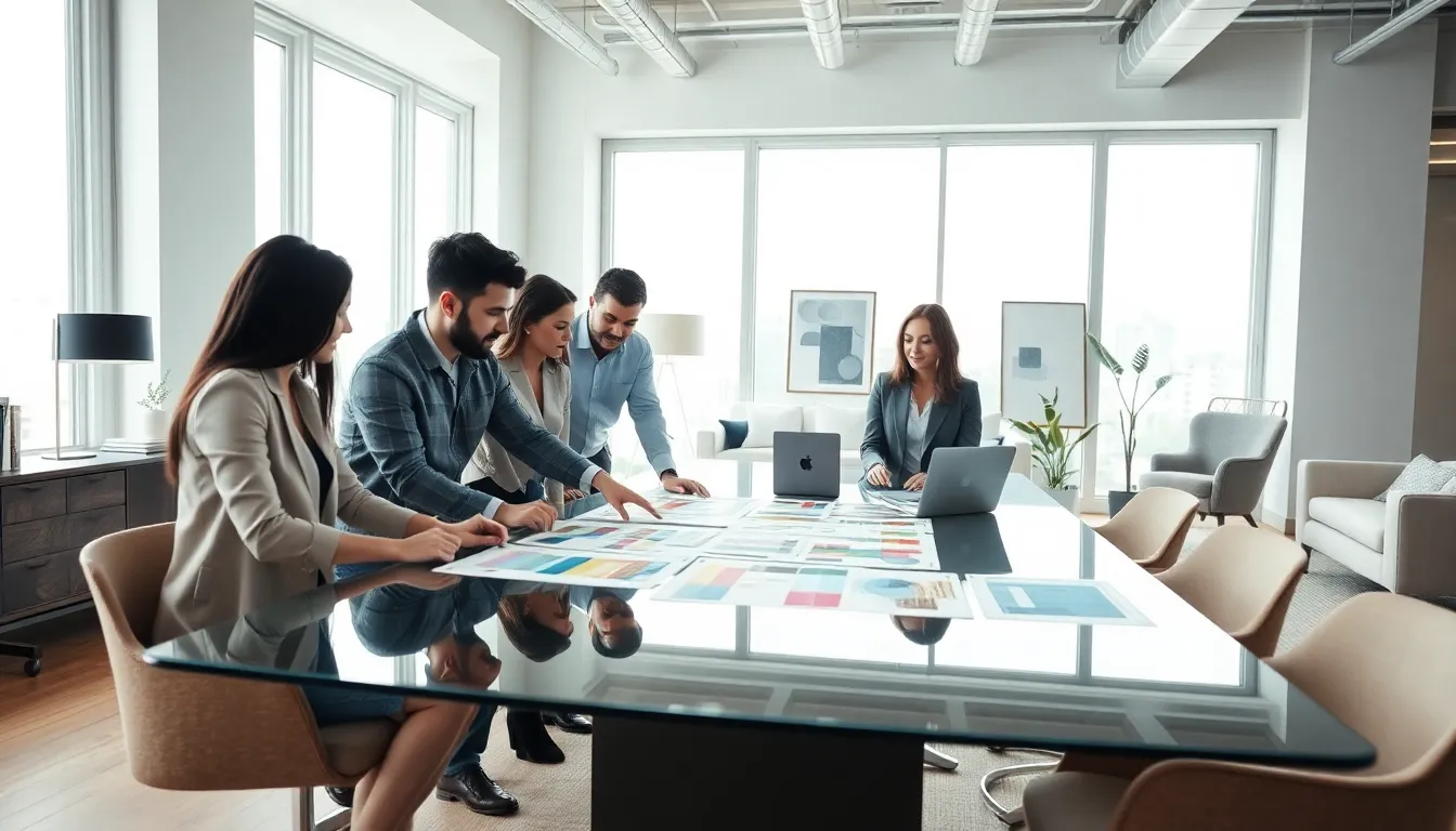 diverse team collaborating on interior design plans in a modern office.