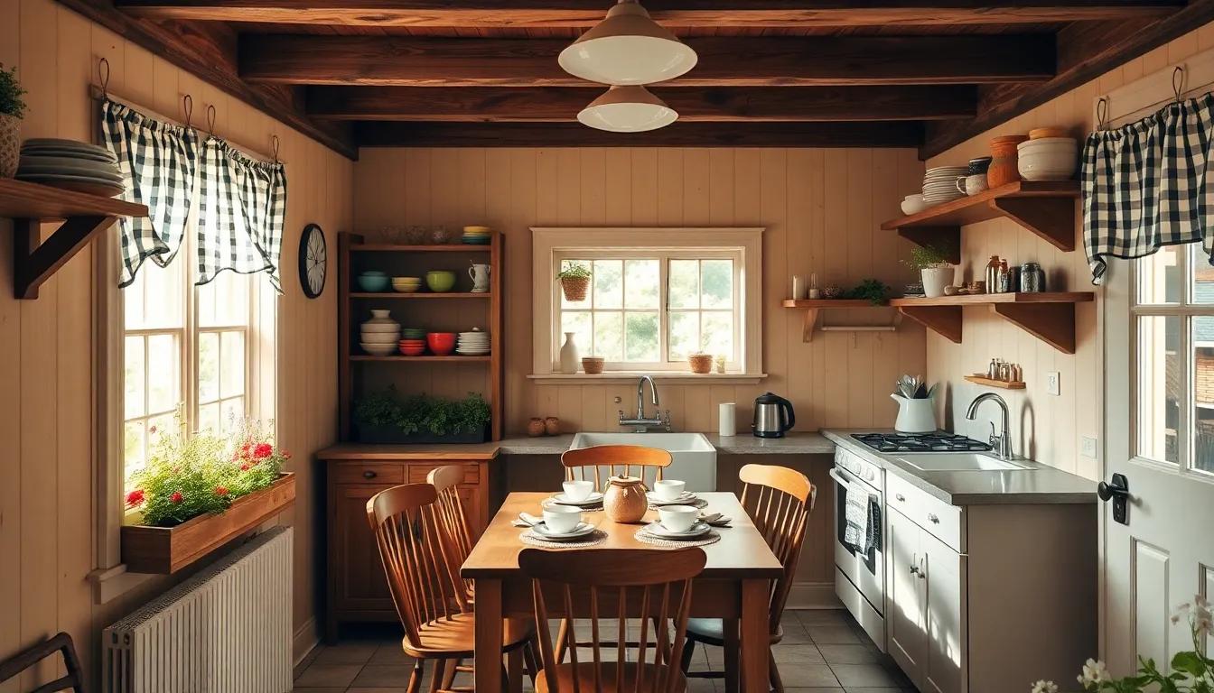 a cozy small country kitchen with rustic decor and inviting atmosphere.