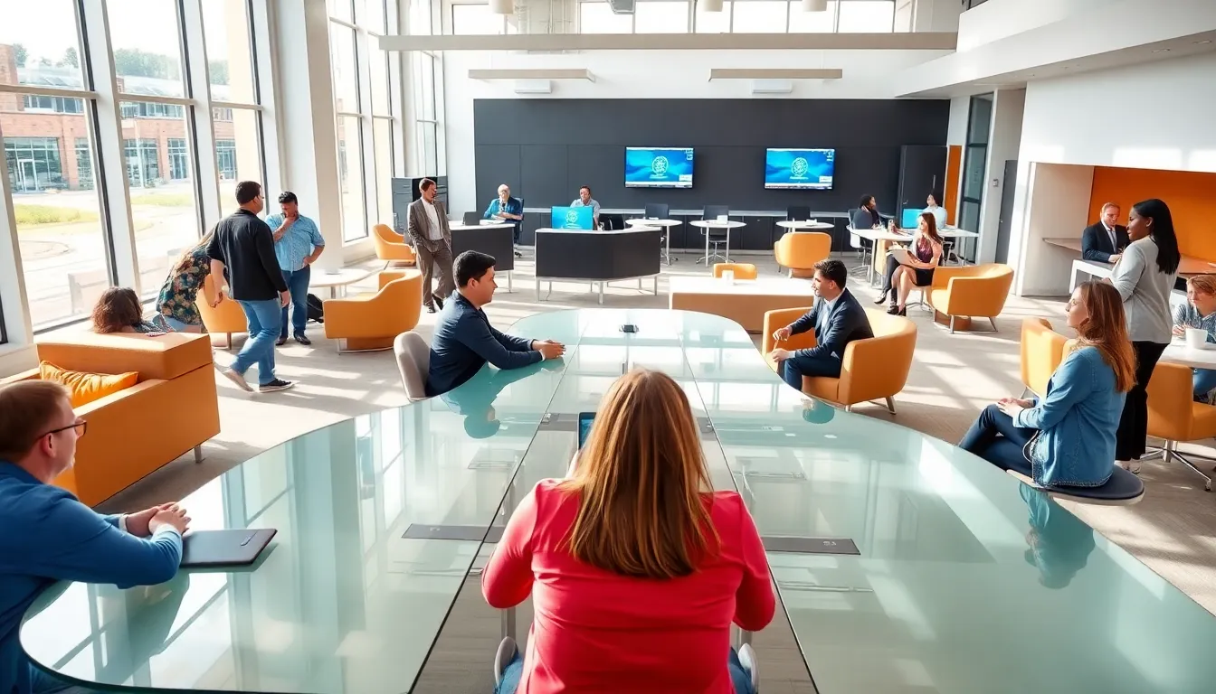 diverse professionals collaborating in Walmart's new modern office.