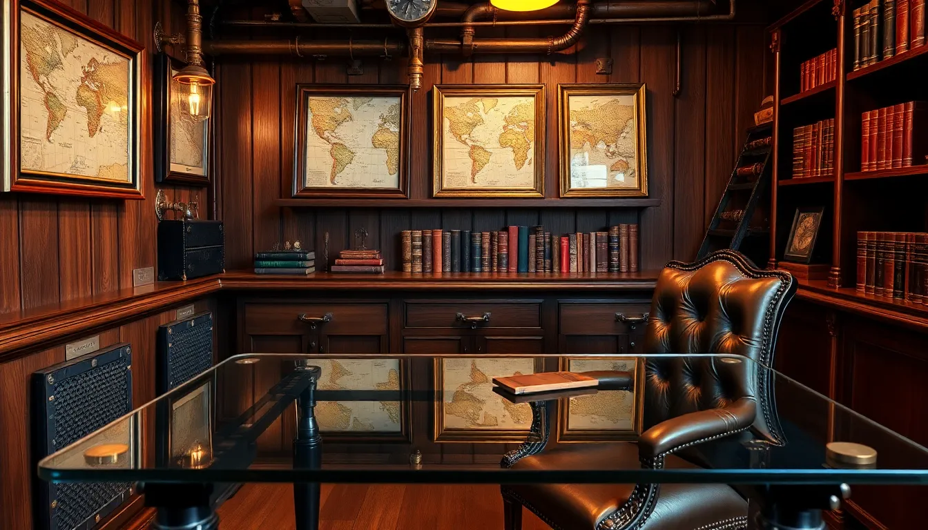 steampunk interior featuring wood, metal, and vintage decor.