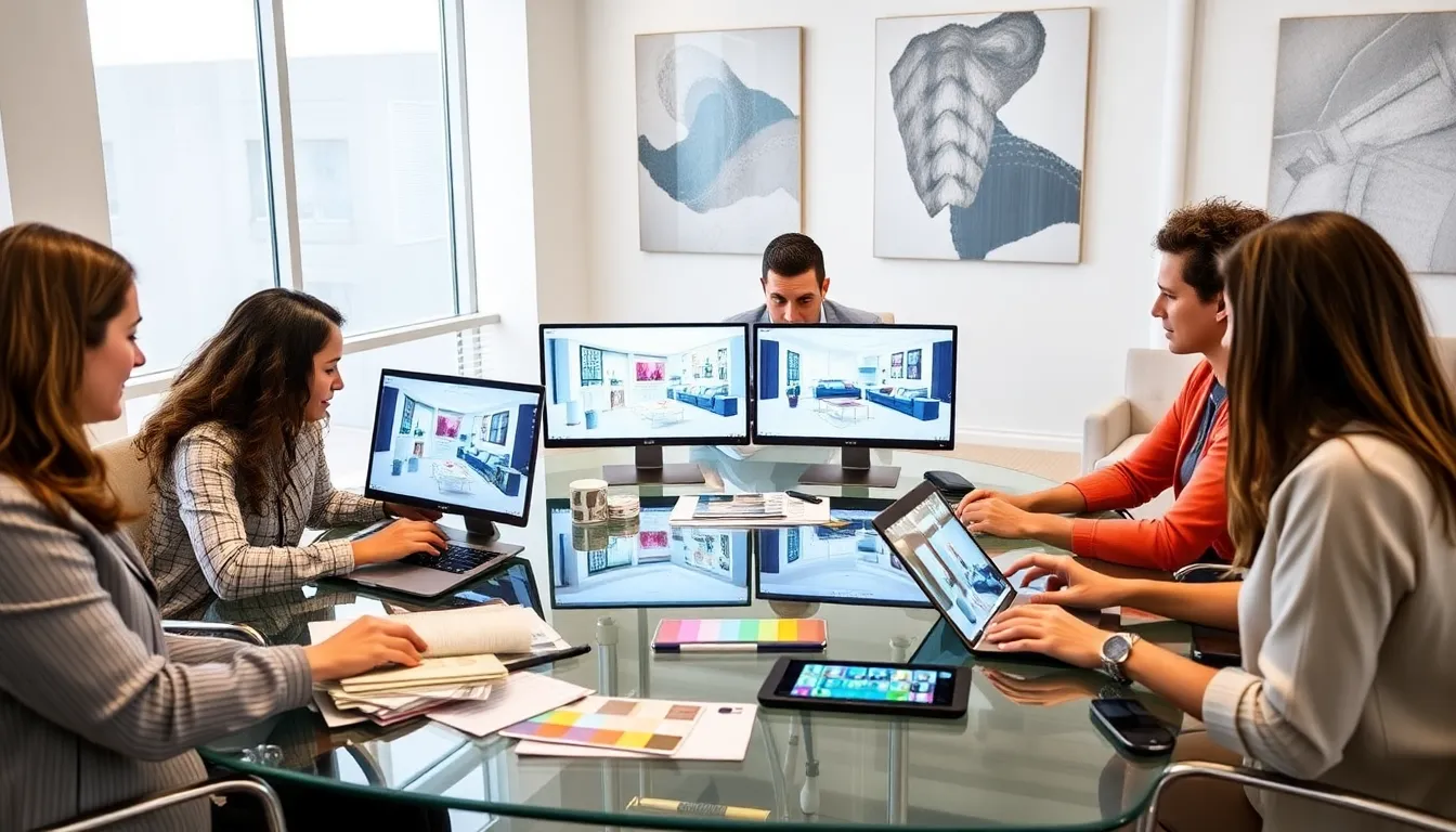 interior designers collaborating with rendering software in a modern office.