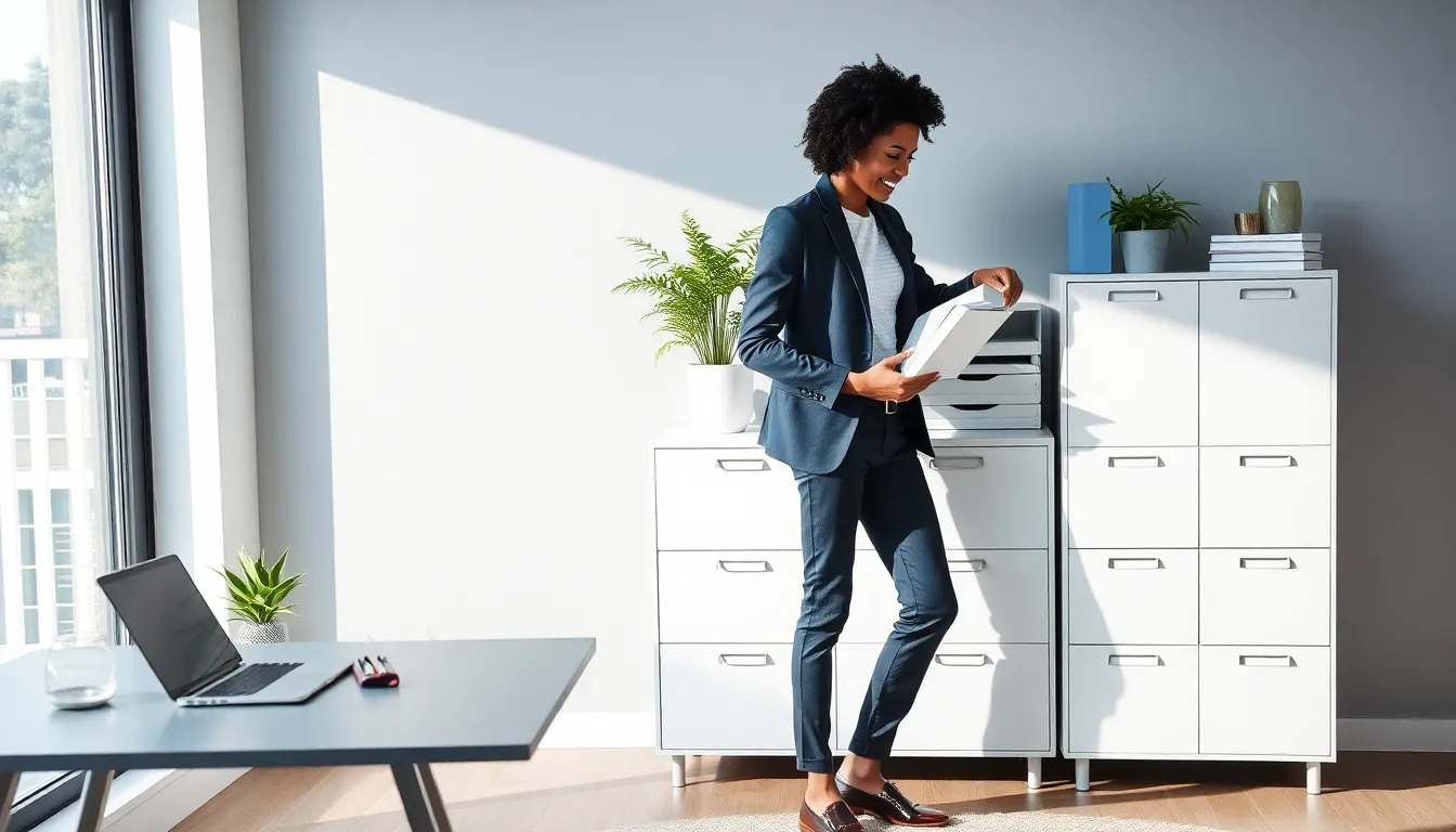 modern home office with a stylish filing cabinet and a professional organizing documents.