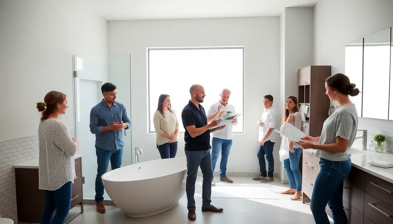 diverse homeowners exploring a modern bathroom renovation with a contractor.